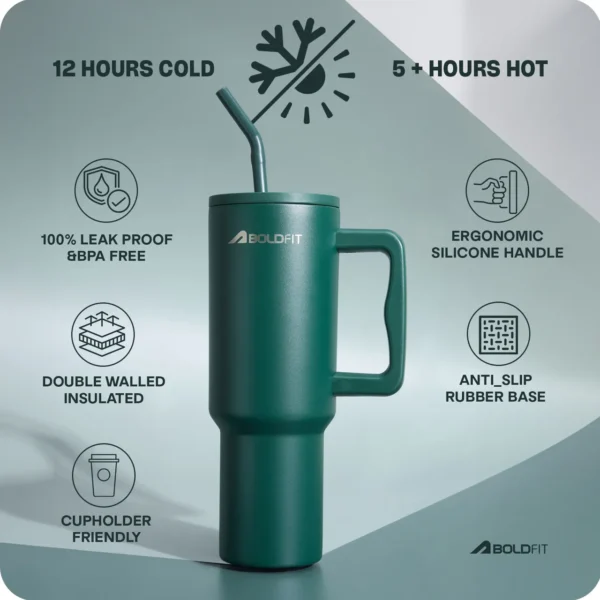 Boldfit Emerald Stainless Steel Double-Insulated Tumbler – 1200ml with Lid & Straw - Image 3