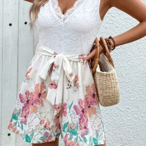 DressBerry Women White & Pink Lace Floral Printed Playsuit with Belt