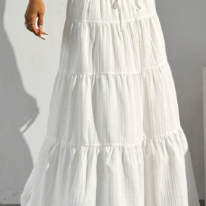 NestShobha Women’s White Solid Accordion Pleated Gathered Maxi Flared Skirt