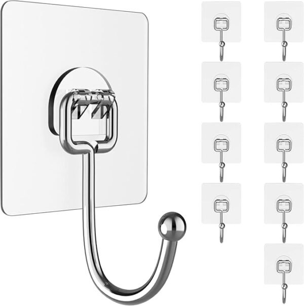 NestShobha Heavy Duty Adhesive Wall Hooks – 10 Pcs | 15Kg Max Load | Transparent Waterproof Self-Adhesive Plastic Hooks for Kitchen, Bathroom, Office & Home Use
