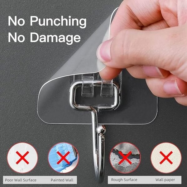 NestShobha Heavy Duty Adhesive Wall Hooks – 10 Pcs | 15Kg Max Load | Transparent Waterproof Self-Adhesive Plastic Hooks for Kitchen, Bathroom, Office & Home Use - Image 5