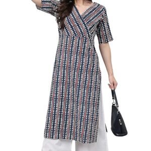 NestShobha Premium Women’s Navy Blue Pure Cotton Geometric Print Straight Kurta