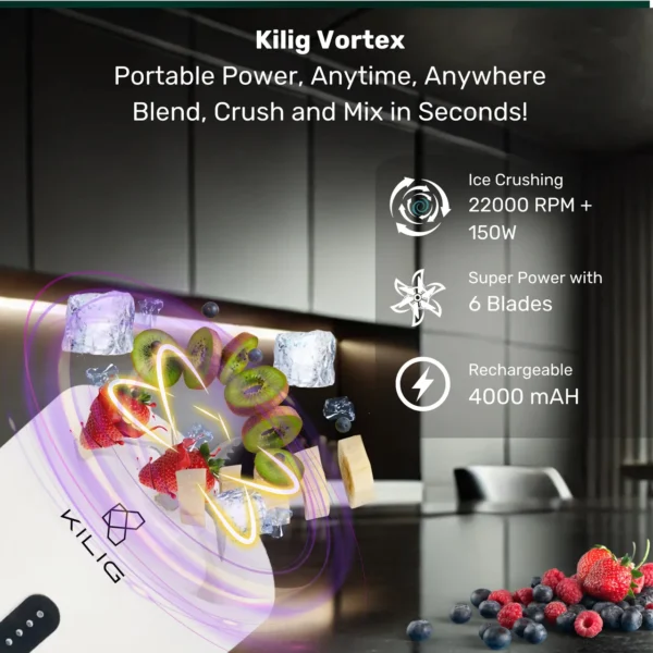 Kilig Vortex Portable Blender – 530ml White Rechargeable Blender with 22,000 RPM Motor & 6-Blade Stainless Steel Design - Image 5