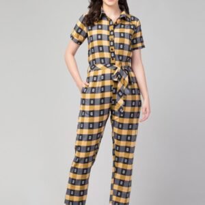 Zuvino Women Mustard & Black Cotton Checked Jumpsuit with Waist Tie-Ups