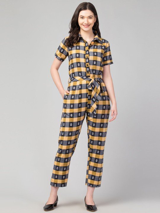 Zuvino Women Mustard & Black Cotton Checked Jumpsuit with Waist Tie-Ups