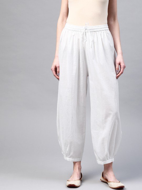 Laado Women White Solid Pure Cotton Cropped Afghan Salwar