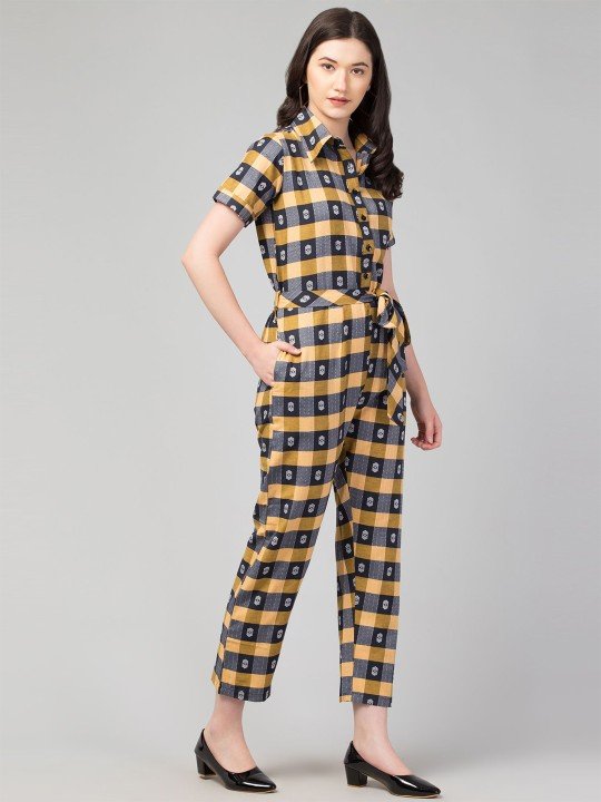 Zuvino Women Mustard & Black Cotton Checked Jumpsuit with Waist Tie-Ups - Image 6