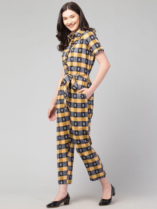 Zuvino Women Mustard & Black Cotton Checked Jumpsuit with Waist Tie-Ups - Image 5