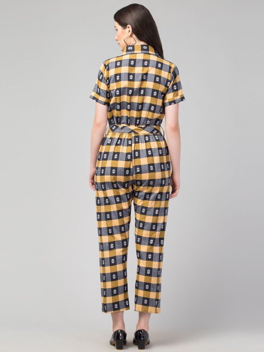 Zuvino Women Mustard & Black Cotton Checked Jumpsuit with Waist Tie-Ups - Image 4
