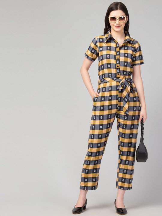 Zuvino Women Mustard & Black Cotton Checked Jumpsuit with Waist Tie-Ups - Image 3
