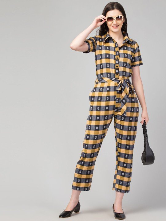 Zuvino Women Mustard & Black Cotton Checked Jumpsuit with Waist Tie-Ups - Image 2