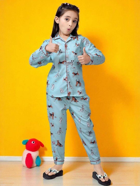 NestShobha | Sea Green Animal Printed Cotton Blend Night Suit for Girls - Image 2