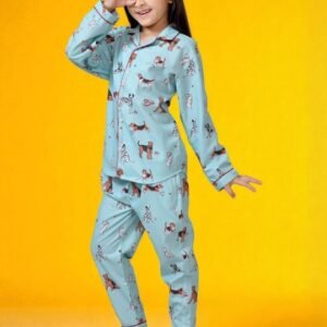 NestShobha | Sea Green Animal Printed Cotton Blend Night Suit for Girls