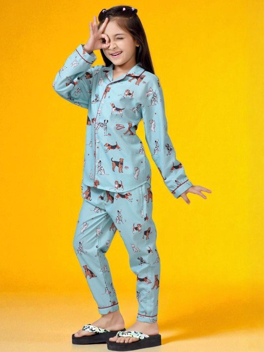 NestShobha | Sea Green Animal Printed Cotton Blend Night Suit for Girls