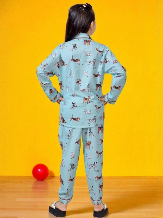 NestShobha | Sea Green Animal Printed Cotton Blend Night Suit for Girls - Image 4