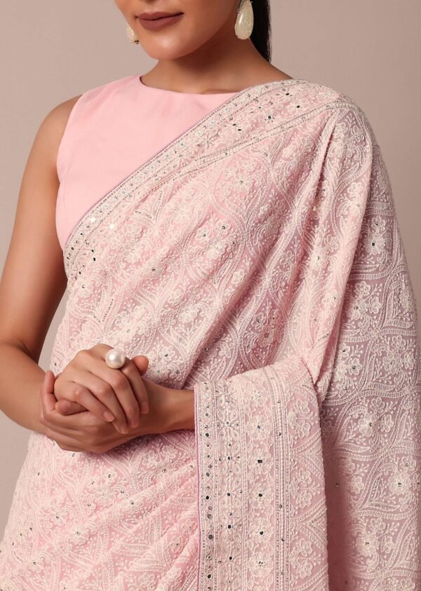 NestShobha Pink Lucknowi Chikankari Georgette Saree with Unstitched Blouse Fabric - Image 3