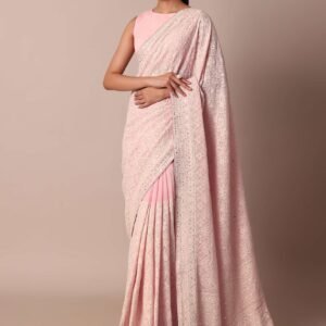 NestShobha Pink Lucknowi Chikankari Georgette Saree with Unstitched Blouse Fabric