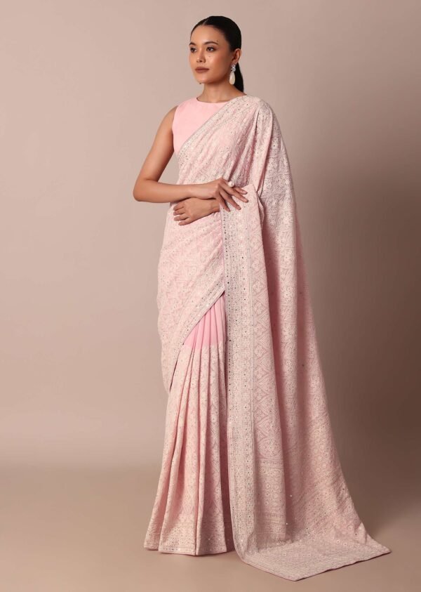 NestShobha Pink Lucknowi Chikankari Georgette Saree with Unstitched Blouse Fabric