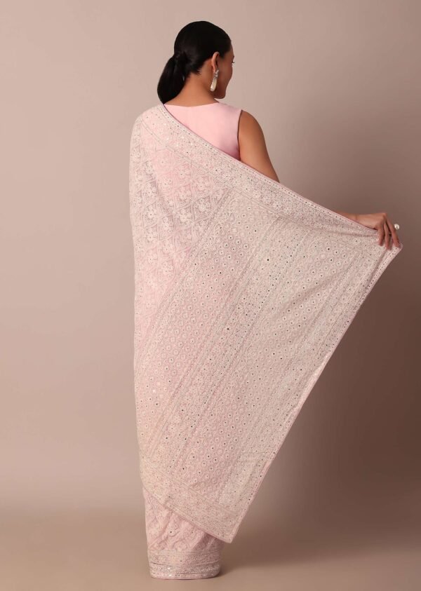 NestShobha Pink Lucknowi Chikankari Georgette Saree with Unstitched Blouse Fabric - Image 6