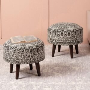 Nestroots Set of 2 Grey Round Shape Wooden Ottoman Stool For Living Room