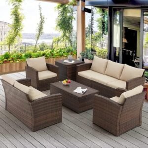NestShobha Outdoor 7 Seater Wicker Sectional Sofa Set with Waterproof Cushions, Center & Side Table for Indoor/Outdoor Use (Dark Brown & Cream)