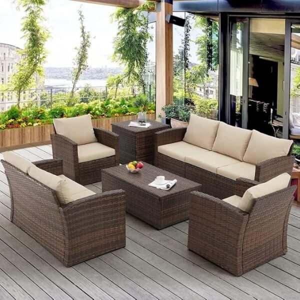 NestShobha Outdoor 7 Seater Wicker Sectional Sofa Set with Waterproof Cushions, Center & Side Table for Indoor/Outdoor Use (Dark Brown & Cream)