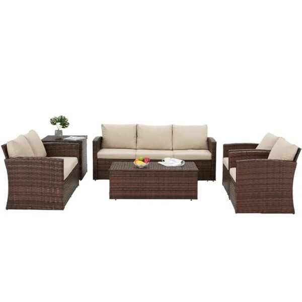 NestShobha Outdoor 7 Seater Wicker Sectional Sofa Set with Waterproof Cushions, Center & Side Table for Indoor/Outdoor Use (Dark Brown & Cream) - Image 4