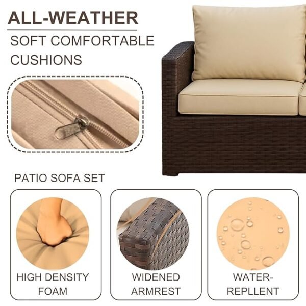 NestShobha Outdoor 7 Seater Wicker Sectional Sofa Set with Waterproof Cushions, Center & Side Table for Indoor/Outdoor Use (Dark Brown & Cream) - Image 5