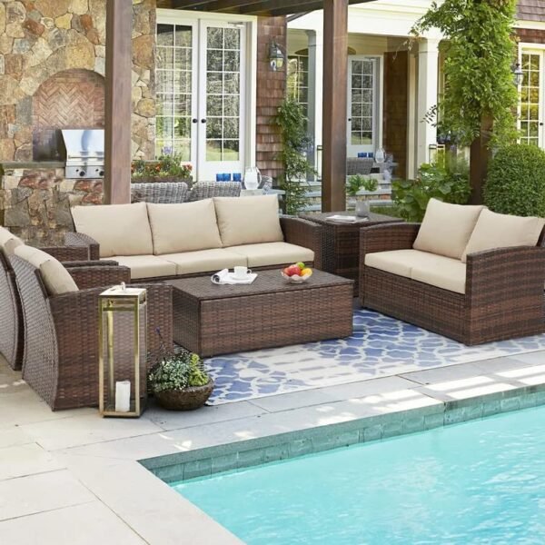 NestShobha Outdoor 7 Seater Wicker Sectional Sofa Set with Waterproof Cushions, Center & Side Table for Indoor/Outdoor Use (Dark Brown & Cream) - Image 7