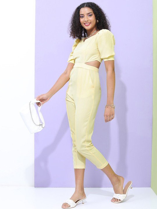 Tokyo Talkies Women Yellow Solid Sweetheart Neck Basic Jumpsuit - Image 4