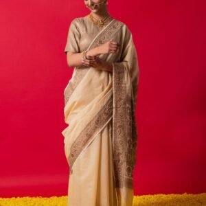 NestShobha Royal Cream Muga Silk Saree with Unstitched Blouse Fabric