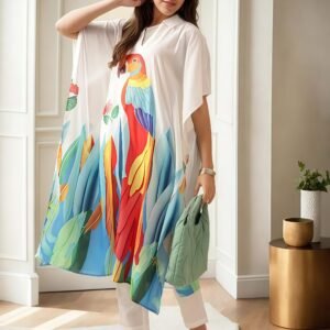 Cotton Blend Animal Printed White Kaftan Style Co-Ord (Set of 2)