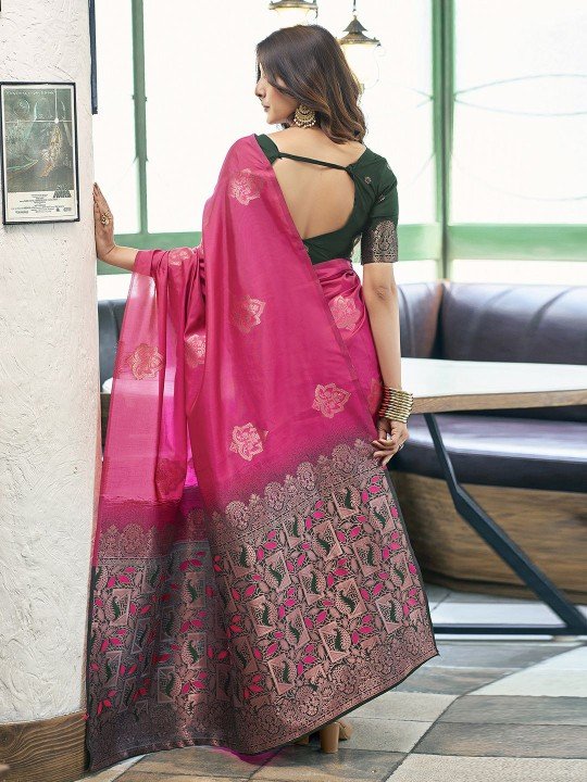 Pink Green Floral Zari Silk Saree - Image 2