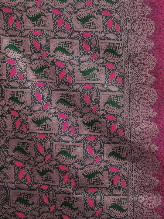 Pink Green Floral Zari Silk Saree - Image 4