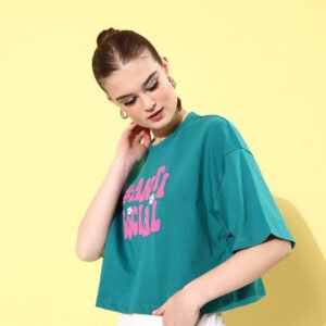 Women’s Teal Green Typography Printed Pure Cotton Boxy Crop T-shirt