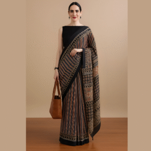 NestShobha Black Mulmul Cotton Striped Saree with Unstitched Blouse