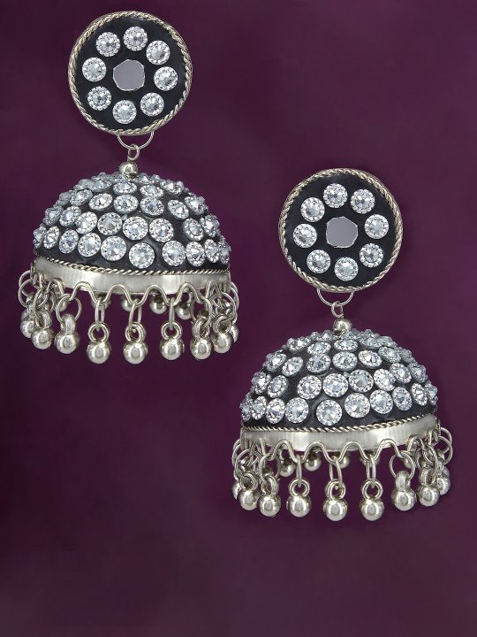 Oxidised Dome Stone Jhumkas Earrings - Image 2