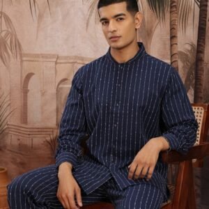 Striped Cotton Band Collar Kurta Set