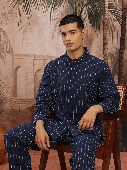 Striped Cotton Band Collar Kurta Set