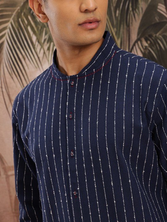 Striped Cotton Band Collar Kurta Set - Image 7