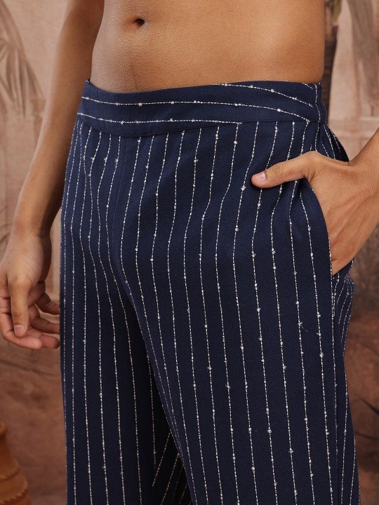 Striped Cotton Band Collar Kurta Set - Image 8