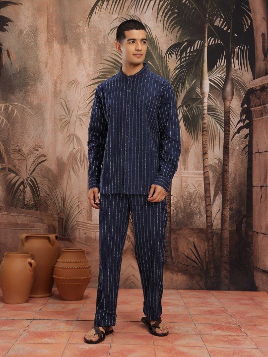 Striped Cotton Band Collar Kurta Set - Image 5
