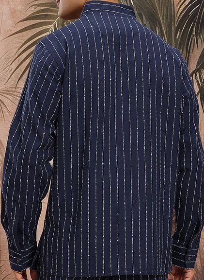 Striped Cotton Band Collar Kurta Set - Image 6