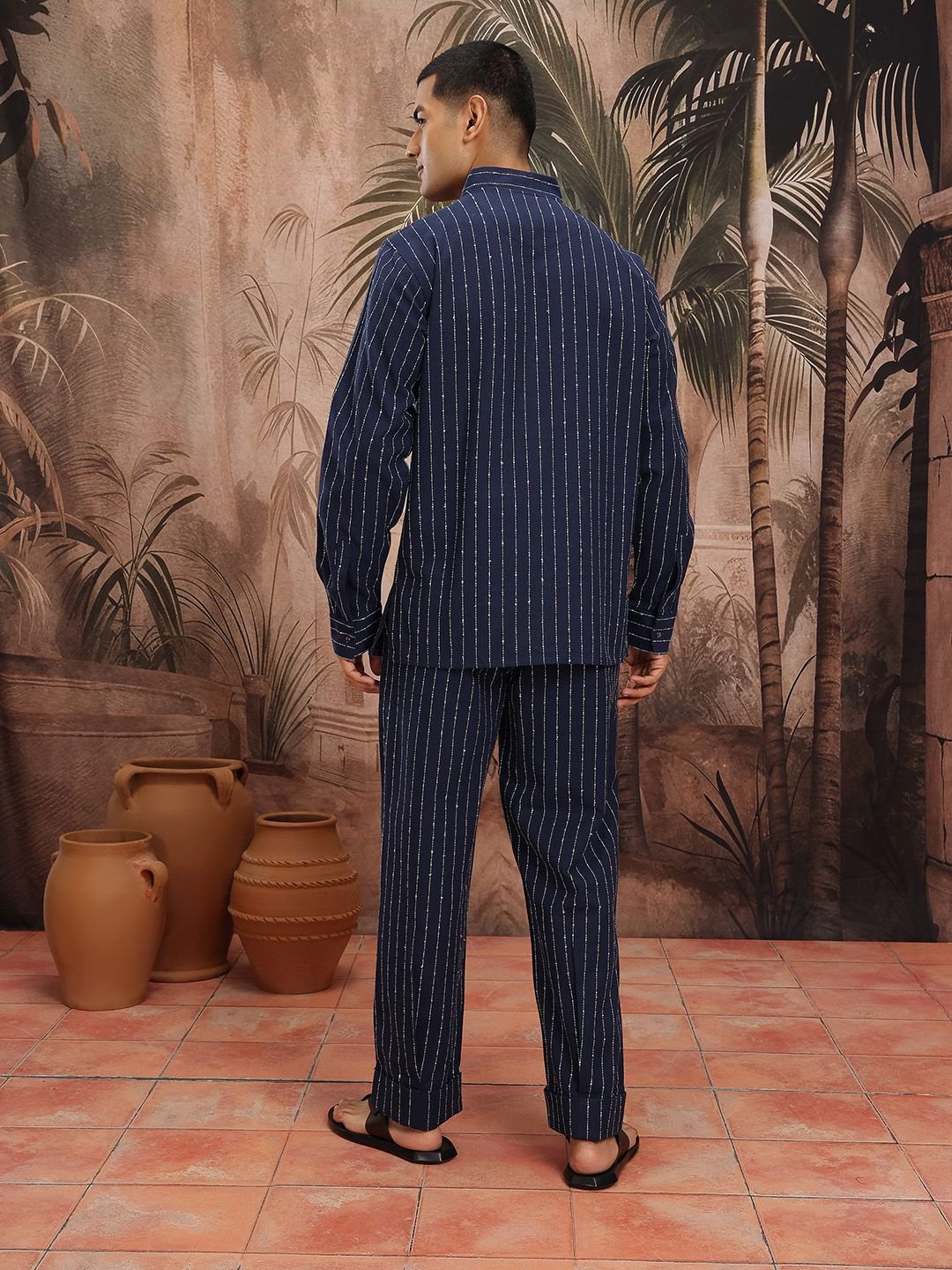 Striped Cotton Band Collar Kurta Set - Image 2