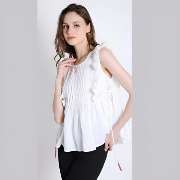 Sleeveless Cotton Top with Lace & Contrast Toggle Detail