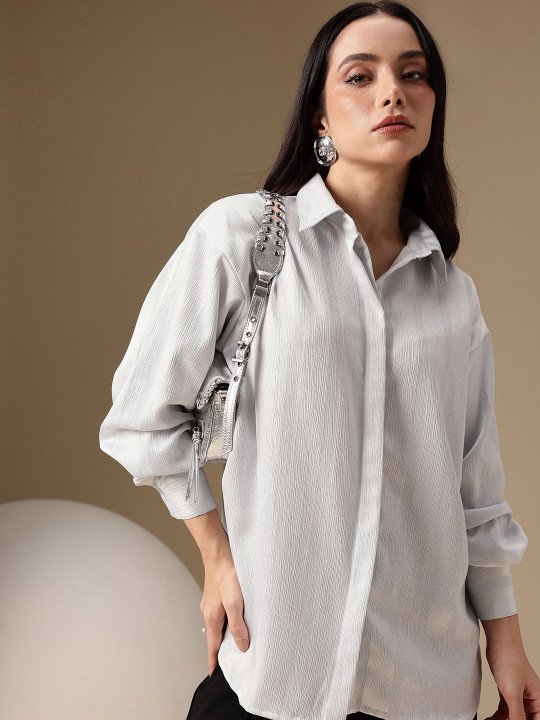 UrbanEase White Textured Drop-Shoulder Casual Shirt - Image 6