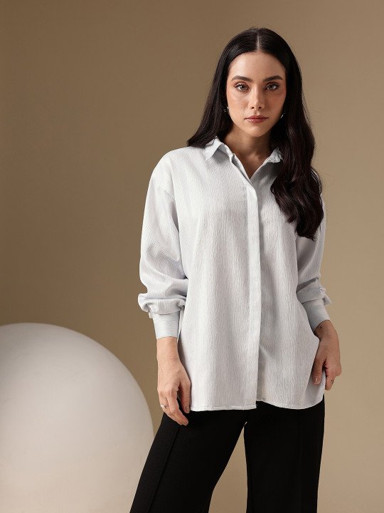 UrbanEase White Textured Drop-Shoulder Casual Shirt - Image 2