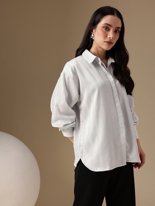 UrbanEase White Textured Drop-Shoulder Casual Shirt - Image 3