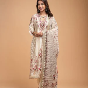 Premium Beige 3-Piece Kurta Set for Women – Chanderi, Bemberg Crepe & Organza Fabric