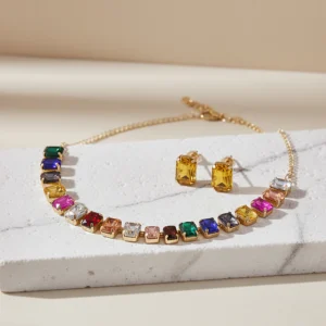PRAO Multicolour Crystal Necklace Set for Women | Stylish Crystal Jewelry with Earrings